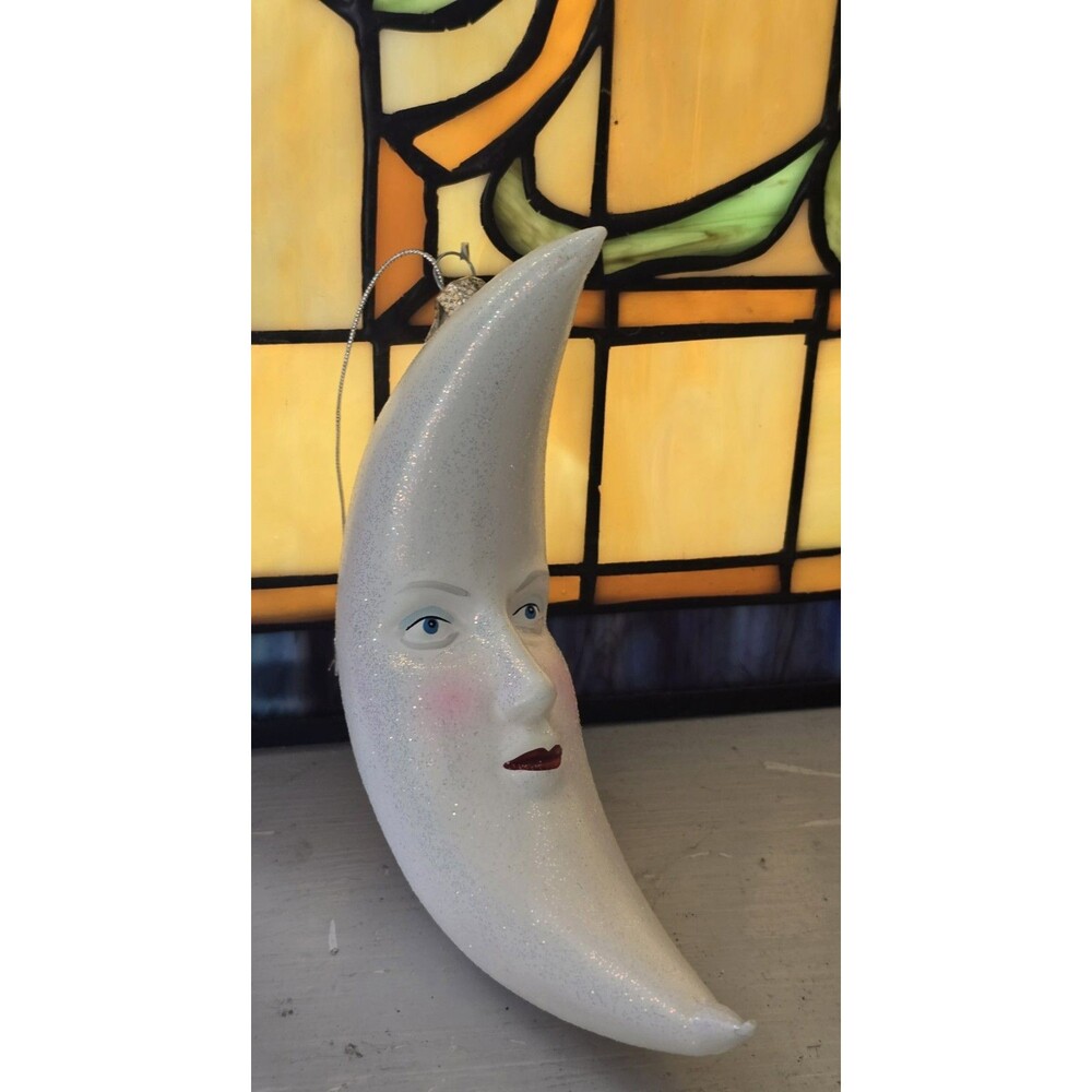 Celestial Glass Crescent Moon Face Ornament Hanging White
